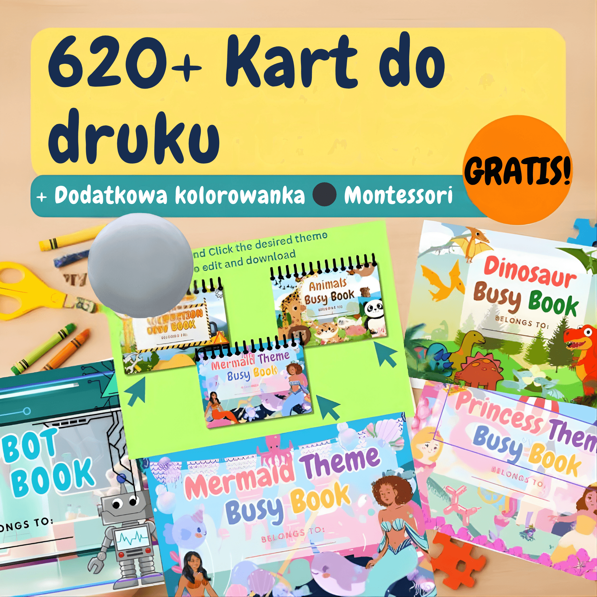 Clik™ Zestaw kart edukacyjnych Montessori do druku – grafomotoryka, litery i logiczne myślenie — łączna wartość 237 zł.